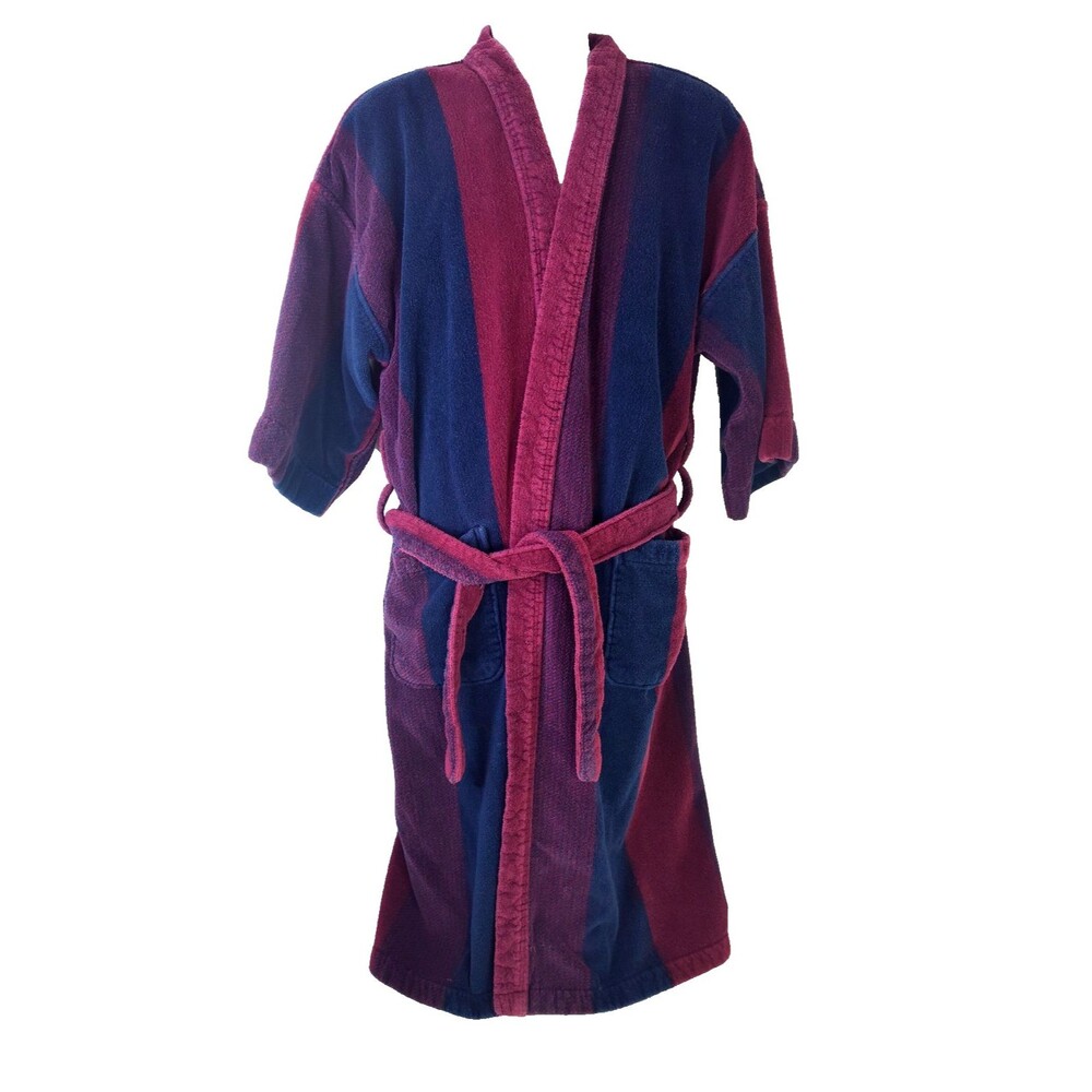 Vtg Knightbridge Turkey Men's Thick Terry Cloth Belted Robe Burgundy Stripe OS